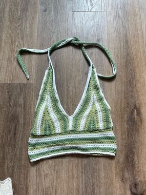 Crocheted Halter Bralette in Green & White Stripe